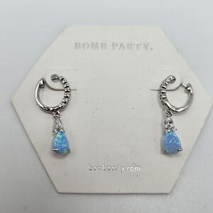 NEW Bomb Party Light Blue Fire Opal Rhodium Plated Dangle Earrings October